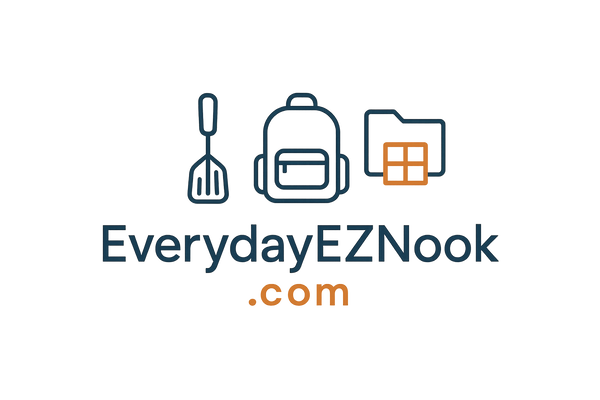 i have created an online shopping website by the name everydayeznook.com. it will sell products to make your everyday life easy like kitchen products, edc products, travel and organization product. the logo should have symbols of daily essentials items, travel and organization products. the logo should be minimal